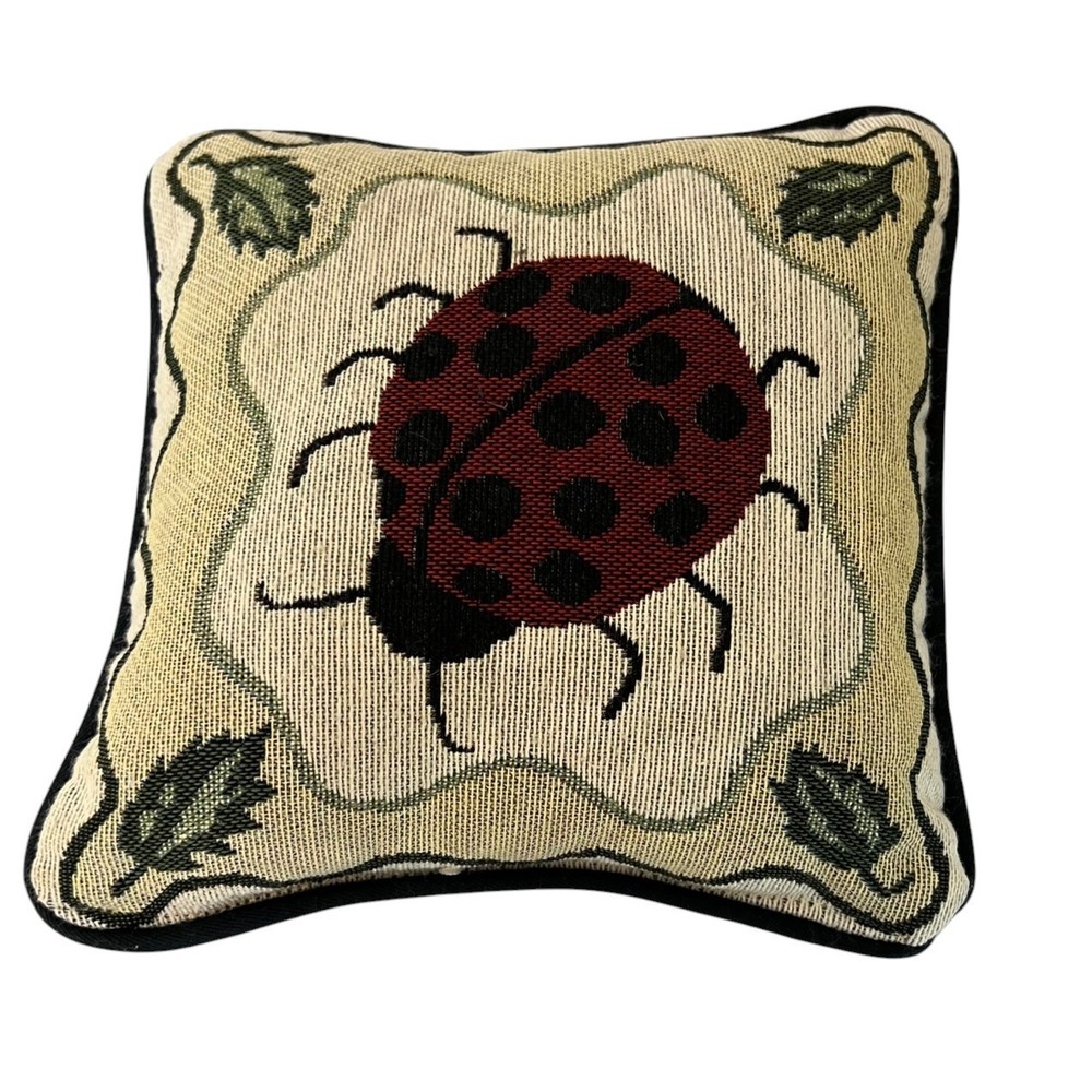 Ladybug Needlepoint Accent Pillow 8” Cottagecore Garden Decor Small Throw Pillow