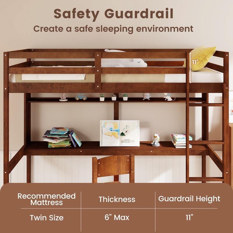 Twin Solid Wood Loft Bed Frame w/ Storage Shelf Ladder Desk Storage Shelf gallery