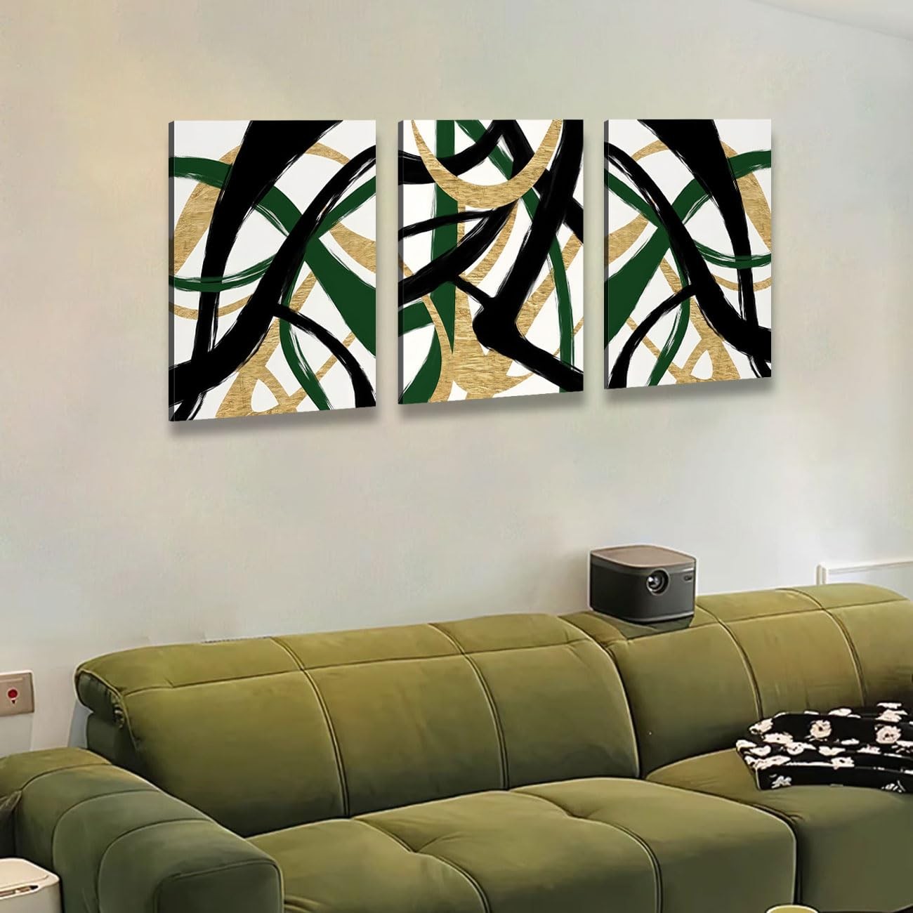 3Pcs Framed work Abstract Lines Canvas Wall Art Modern Black, Green, Gold Geo... gallery