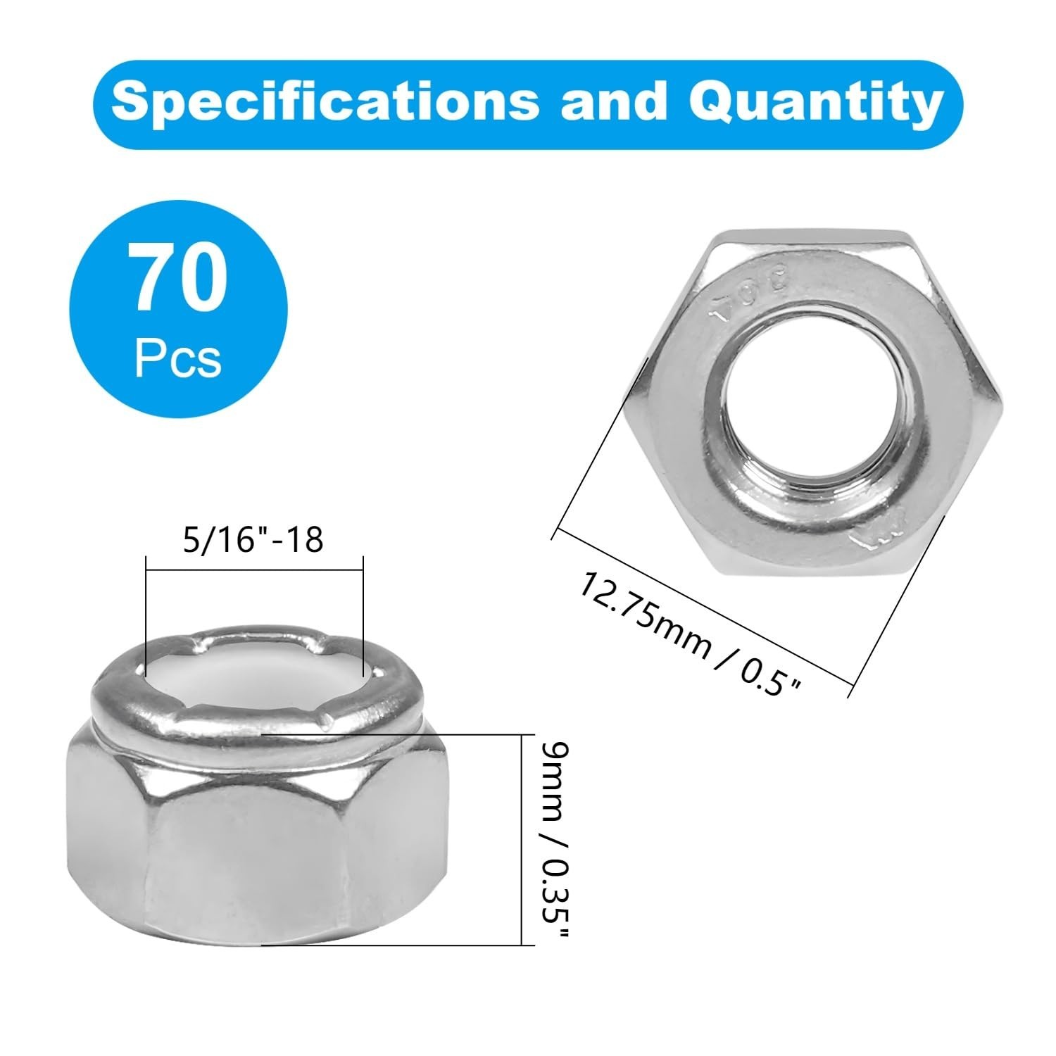 70PCS 5/16"-18 Nylon Insert Hex Lock Nuts,304 Stainless Steel Locknuts,Hex Dr... gallery