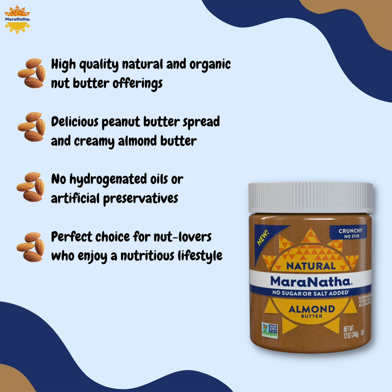 MaraNatha Natural No Sugar No Salt Crunchy Almond Butter, 12 oz gallery