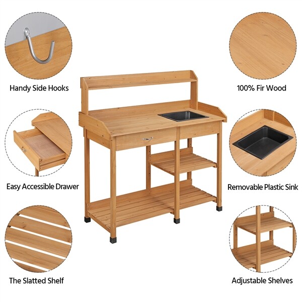 Garden Potting Bench Table Workstation Work Bench Planting Desk Natural Fir Wood gallery