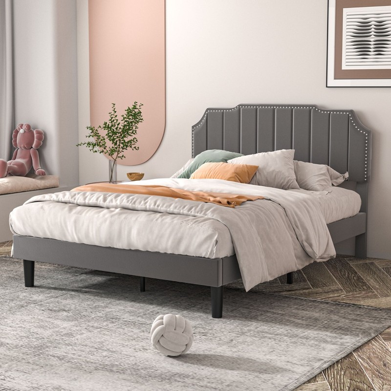 Upholstered Bed Frame Full Queen Platform with Headboard Footboard Wooden Slat gallery