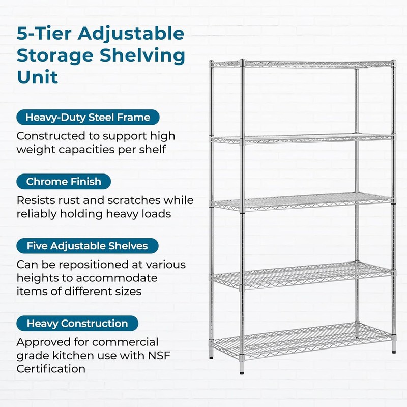 Adjustable Storage Durable Shelving Unit 800-Pounds Per Shelf Chrome 5-Tier gallery