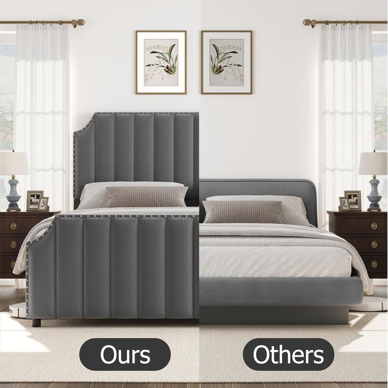 King Size Platform Bed Frame W/50.2 in Headboard Velvet Upholstered Bed Frame US gallery