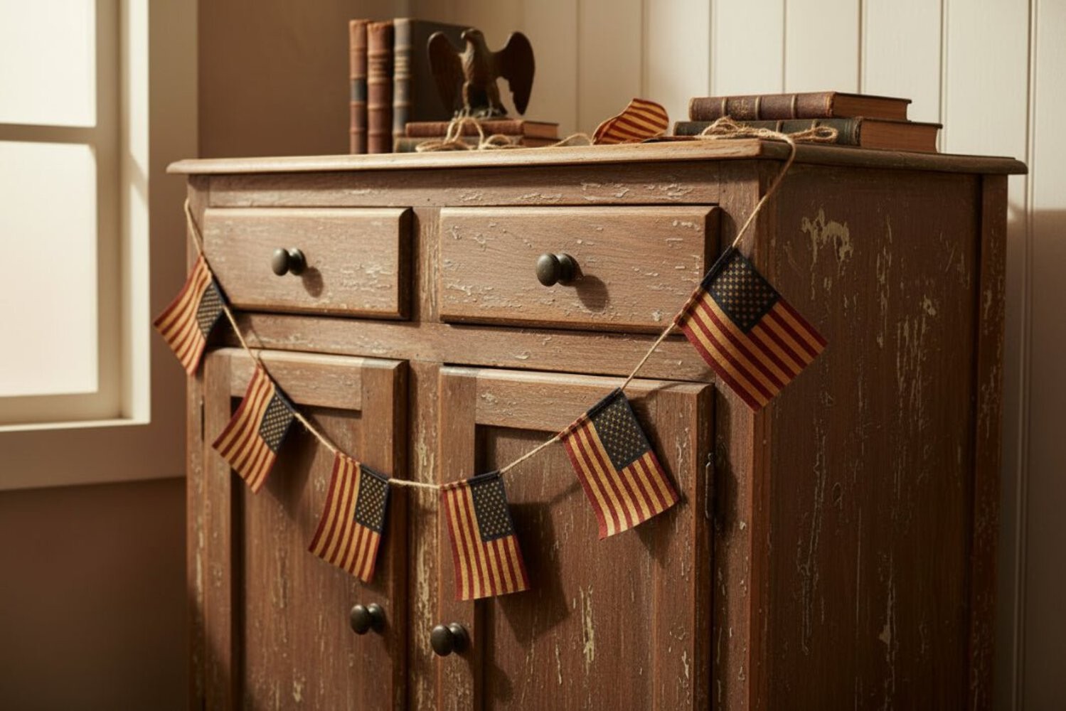 92" Primitive Rustic Americana Flag Garland - Patriotic Burlap Bunting gallery