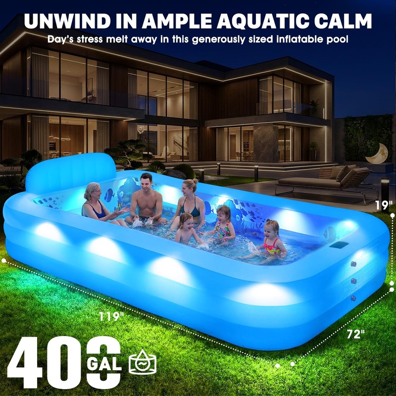 AixPool Extra Large Inflatable Pool with Lights,Upgraded 119x72x19IN, White gallery