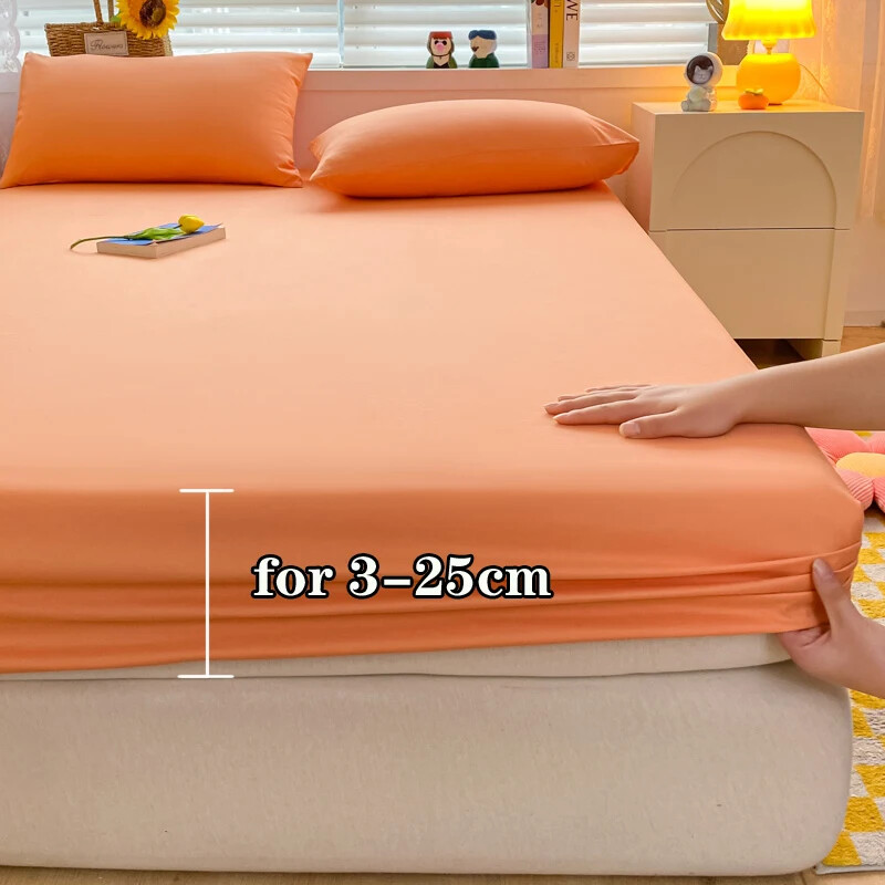 Soft Cotton Fitted Bed Sheet with Elastic Band Solid Color Mattress Cover for Si gallery