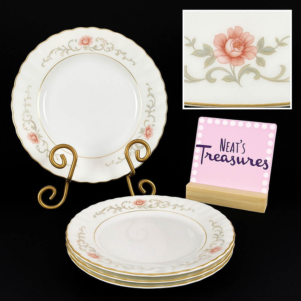 MCM Harmony House ROSEMONT Pink Roses Gray Swirl Gold Coupe Soup Bowls Set 4 gallery