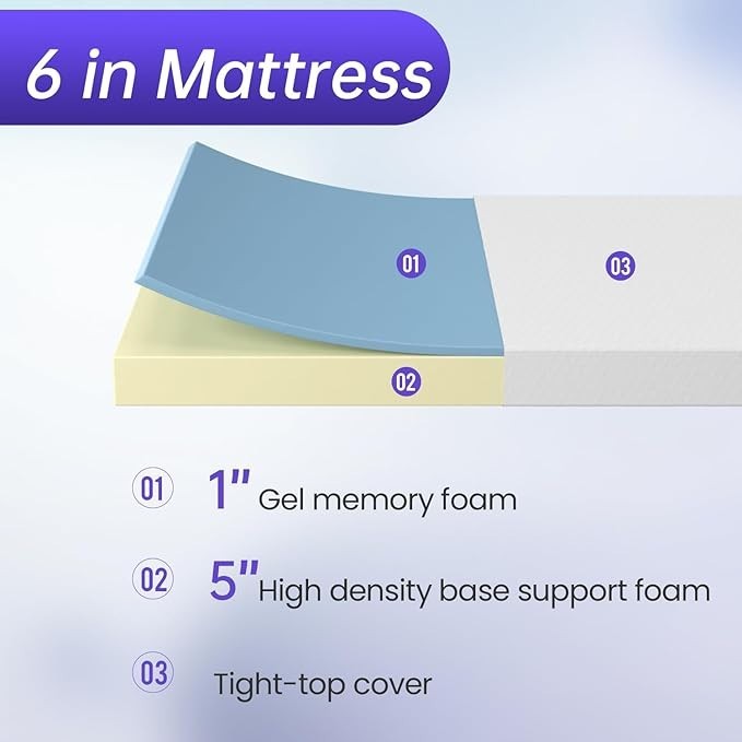 6 Inch Gel Memory Foam Mattress Fiberglass Free/CertiPUR-US Certified PayLessHer gallery