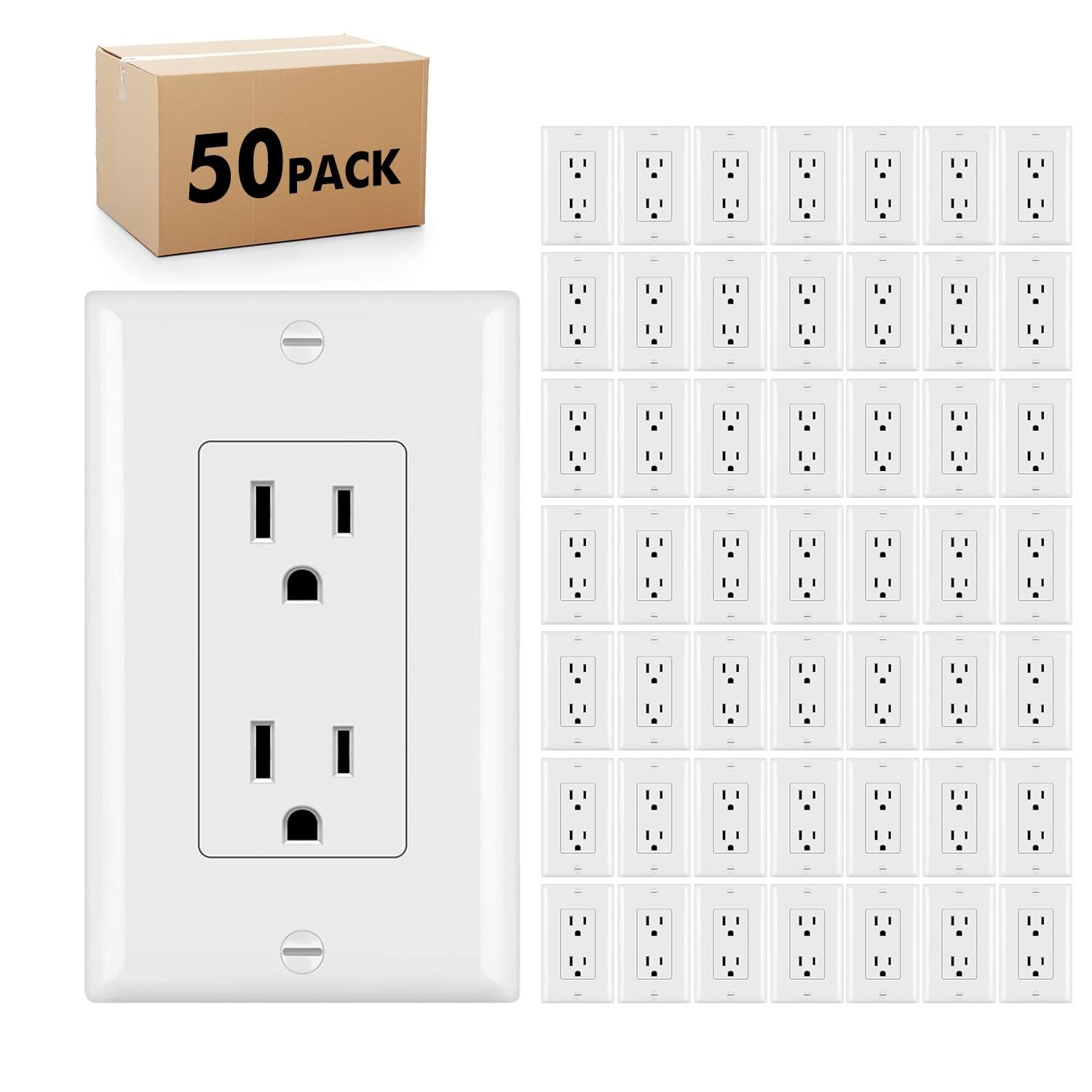 50Pack Outlet Socket, Decora Duplex Receptacle 15 A, 125 V,Non-Tamper Resistant gallery