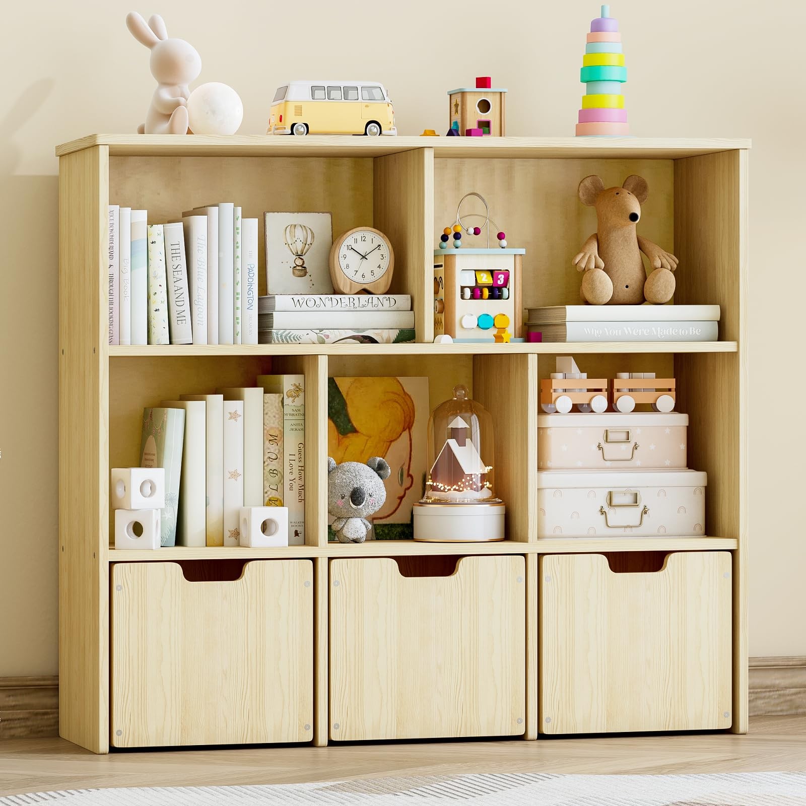 Solid Pine Wood Storage Organizer, Bookshelf and Organizer with 3 Rolling Dra... gallery