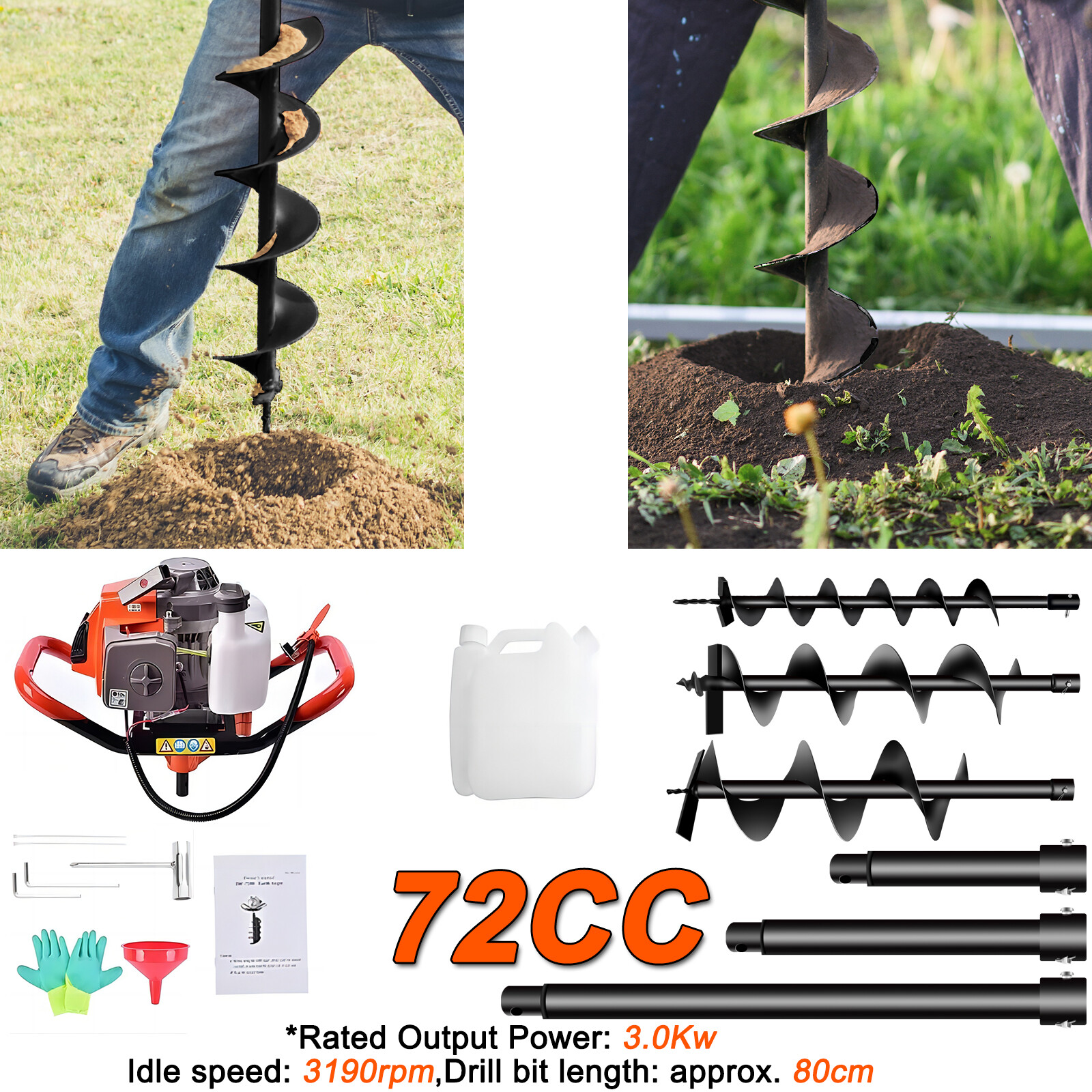 72CC Gas Post Hole Digger with 3 Auger Sizes (4", 6", 8") & 3 Rods for Gardens gallery