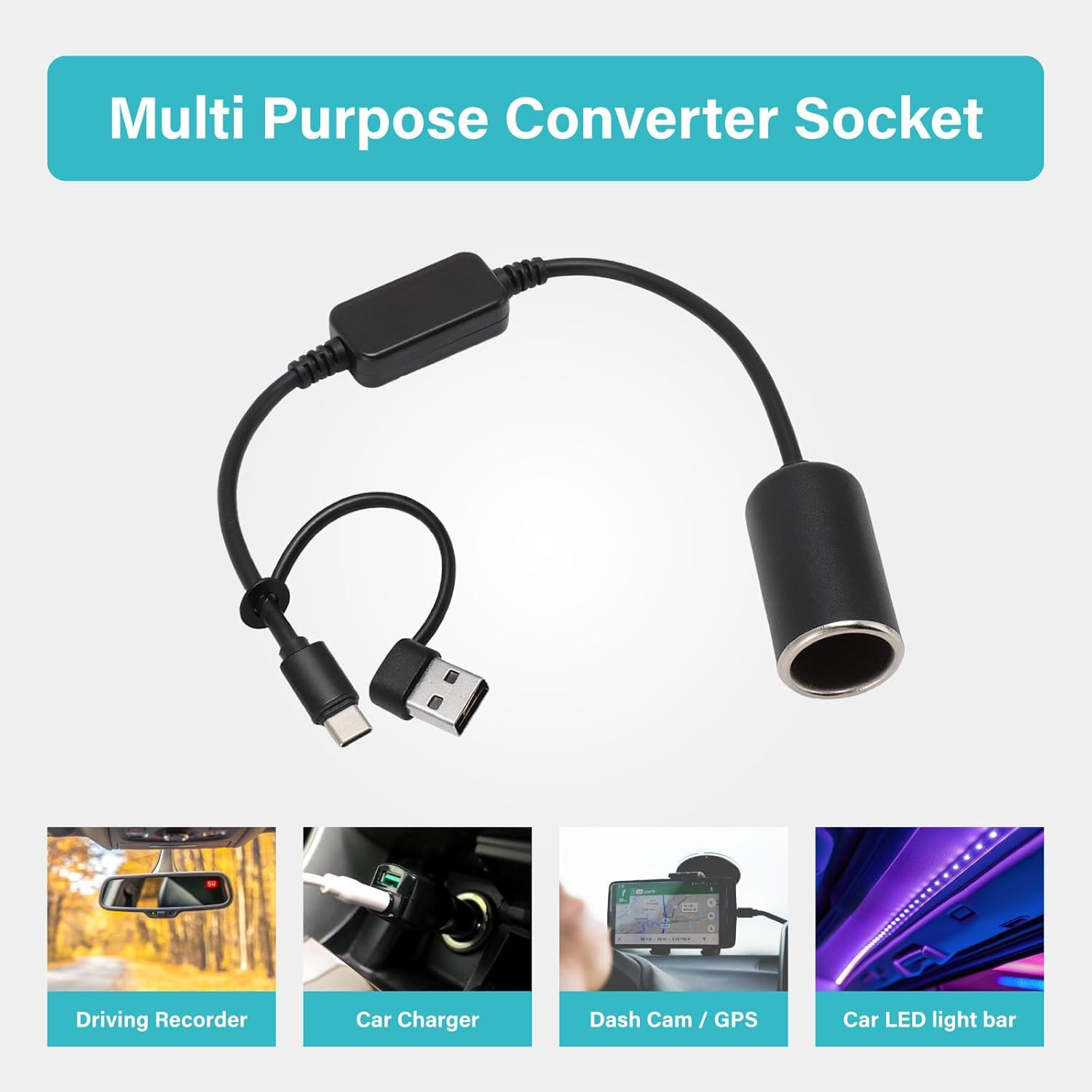 USB to Cigarette Lighter Adapter, 35Cm Cable, USB a & C Input 5V, 12V Car Cigare gallery