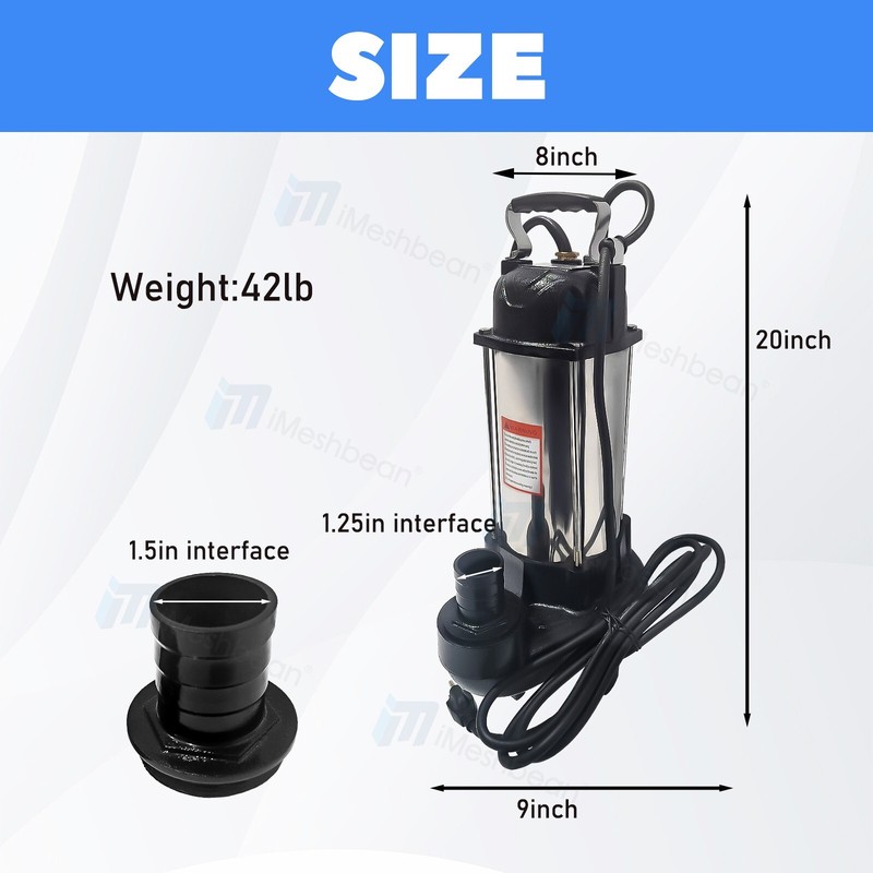 1.5HP Sewage Grinder Sump Pump W/Float Heavy Duty Stainless Steel 6000GPH 110V gallery