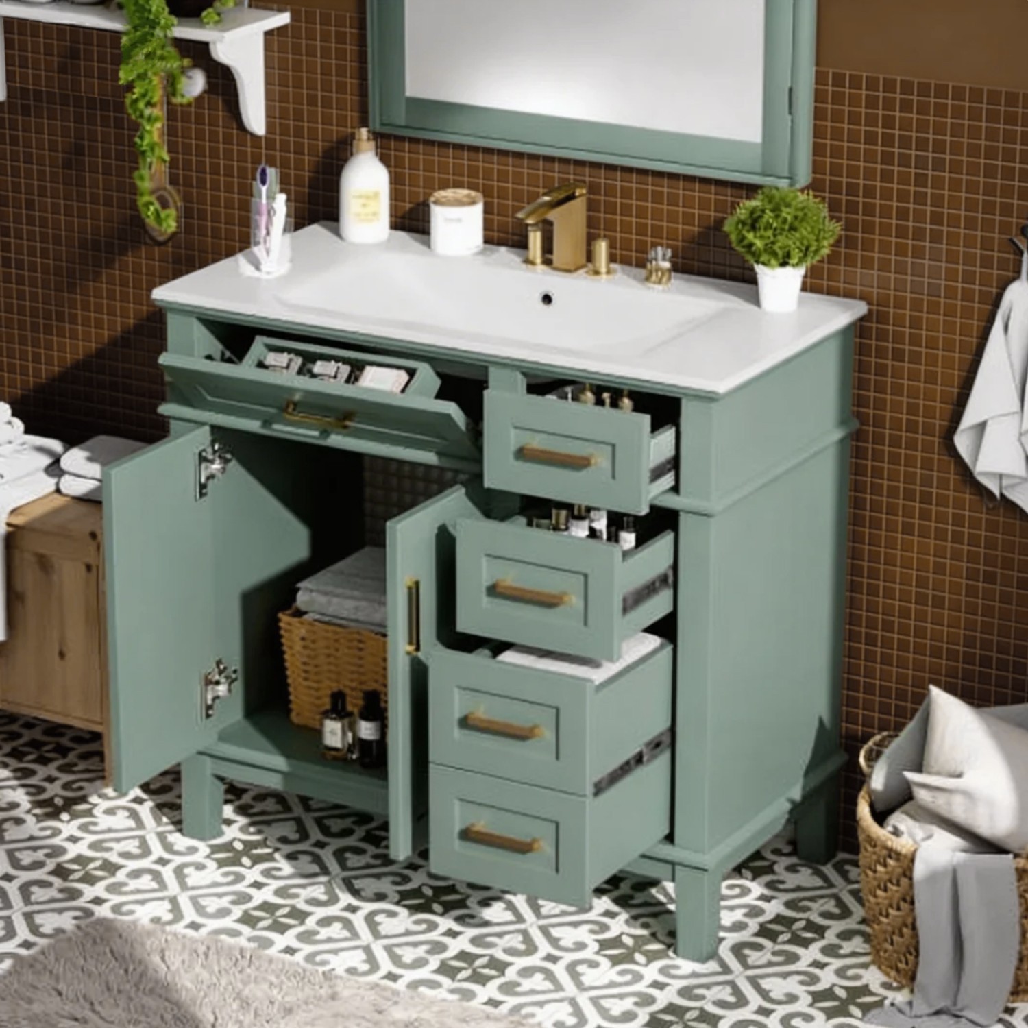 36 In Wide Single Sink Bathroom Vanity Light Green Bathroom Vanity With Storage gallery