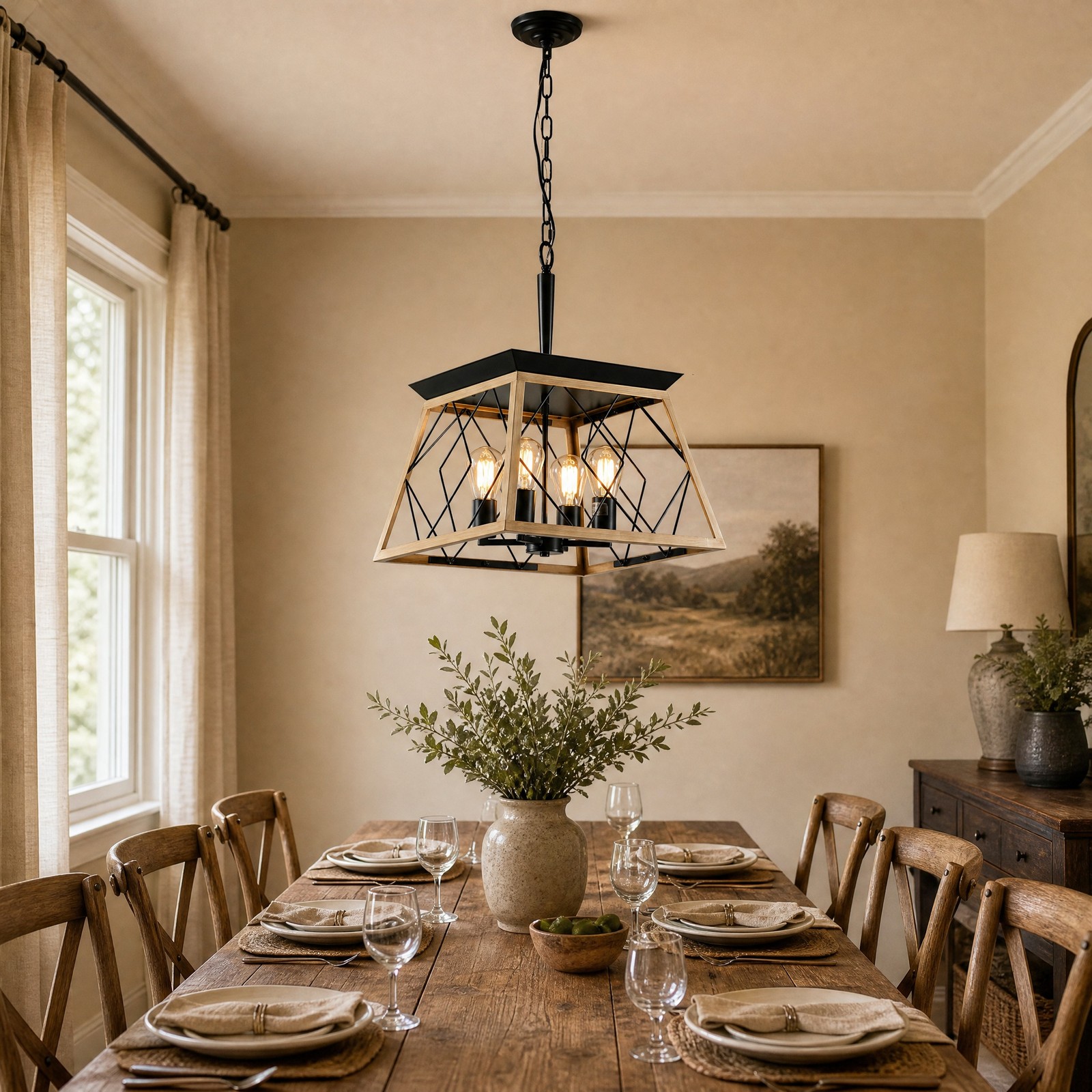 16'' Oak Pendant 4 Light Farmhouse LED Chandelier Living Room Kitchen Fixture gallery