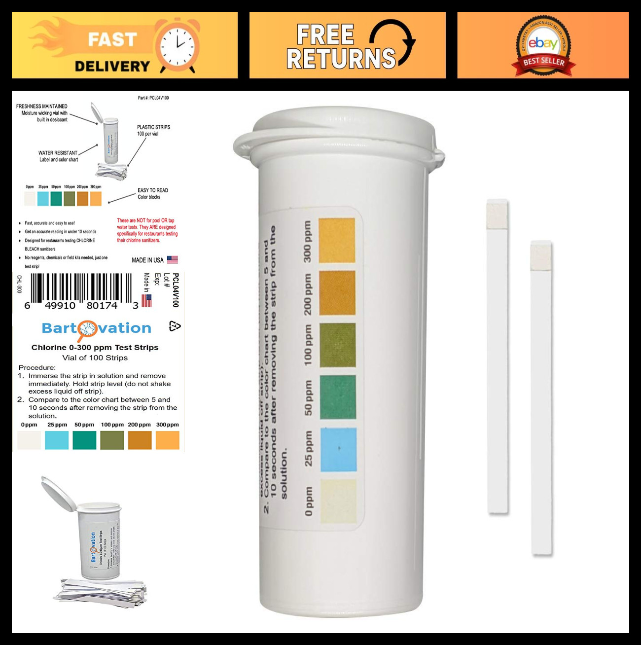 Chlorine Sanitizer Test Strips for Restaurants, 0-300 ppm, 100 Count Vial gallery