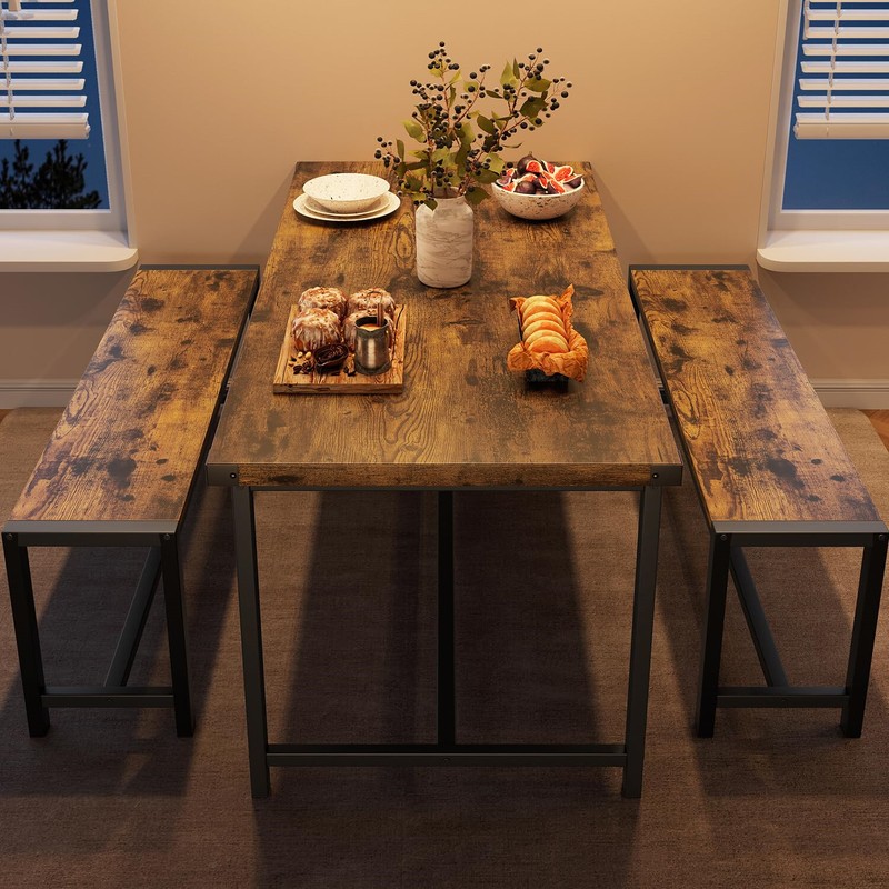 Dining Table Set for 4 Kitchen Table with 2 Metal Wood Benches for Apartment gallery