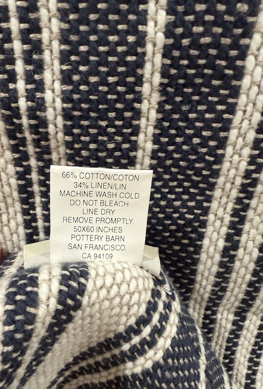 Pottery Barn Antique Stripe Throw/Blanket Navy Linen Cotton 50x57in gallery