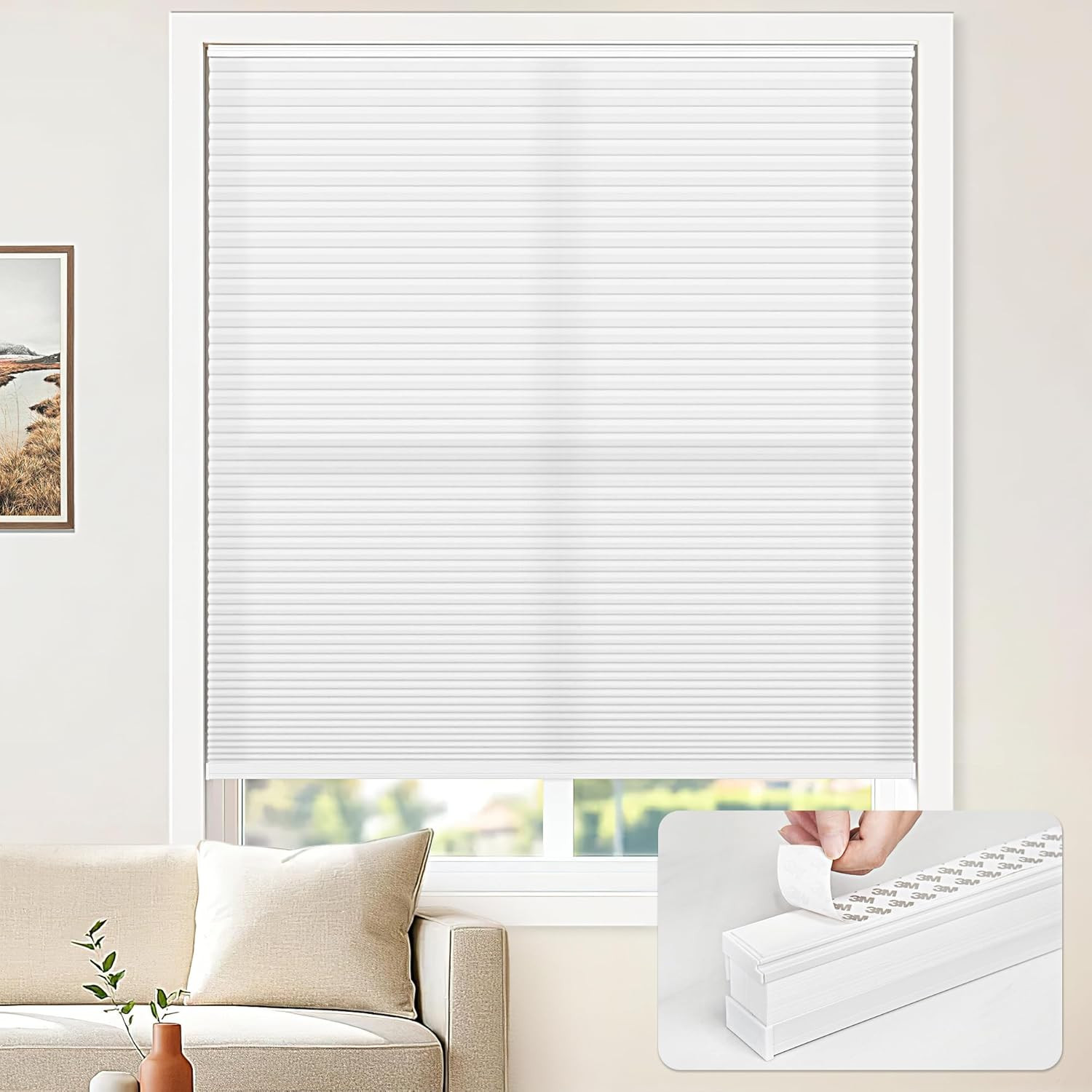 Cordless Honeycomb Blinds, UV Protection, Easy Mount, 38" W x 72" H, White gallery