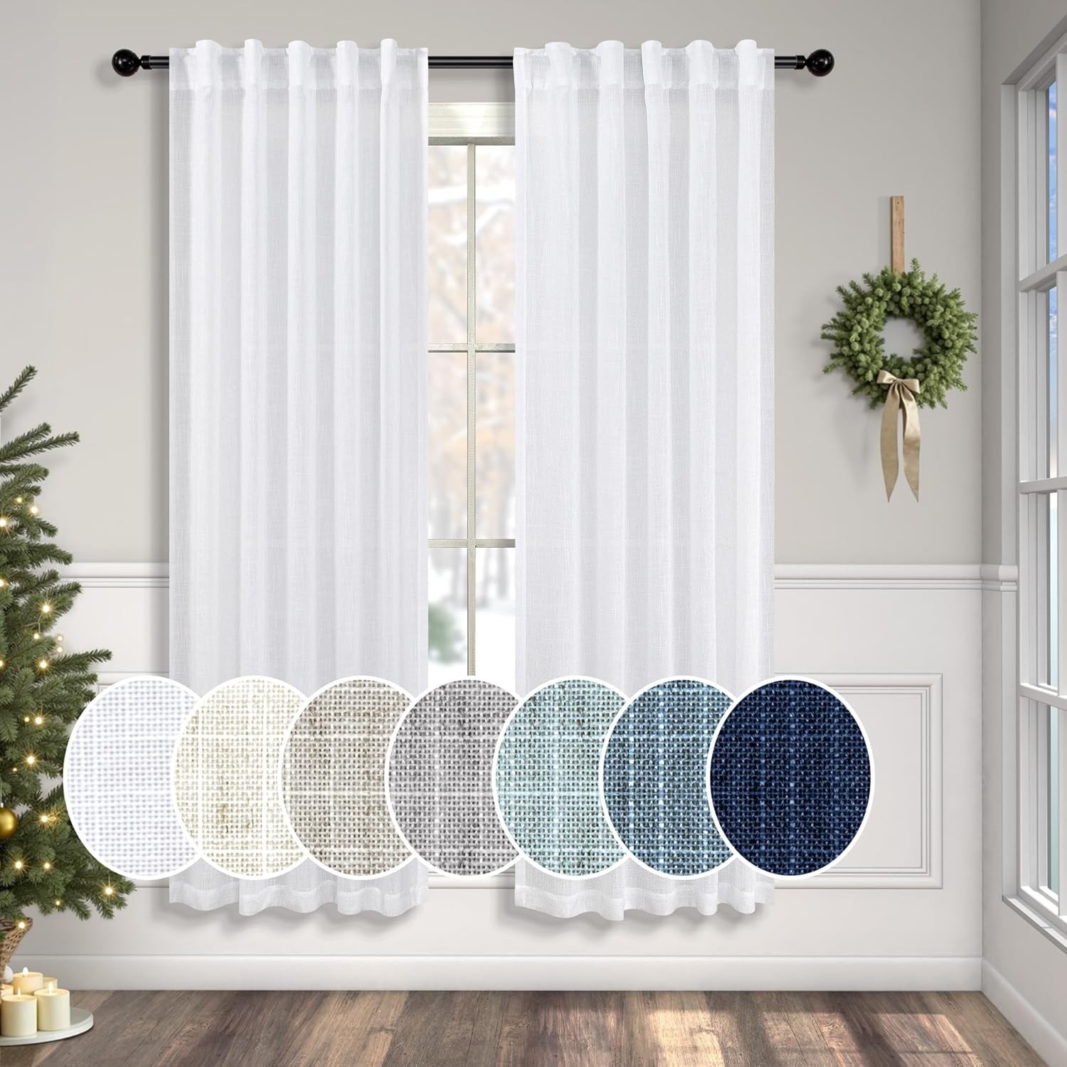 White Curtains 38 Inch Wide for Windows 2 Panels Back Tab Loops Rod Pocket Light gallery