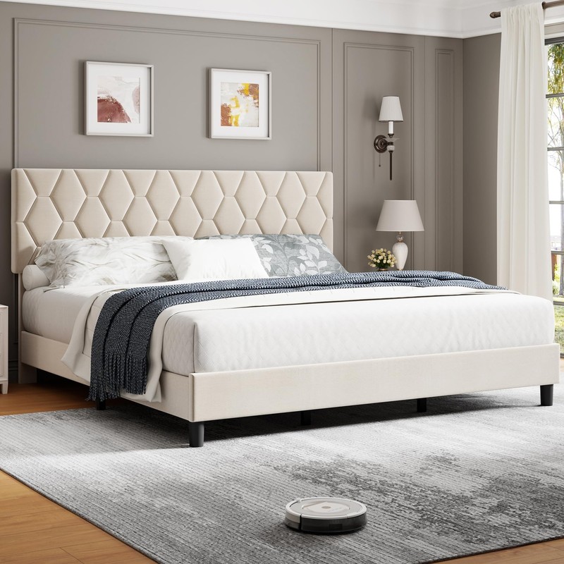 King Size Modern Platform Bed Frame with Upholstered Headboard, Easy Assembly gallery