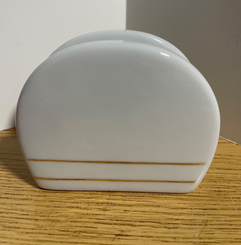 White Glossy Ceramic Napkin Holder With Gold Accent Lines Vintage 80s gallery