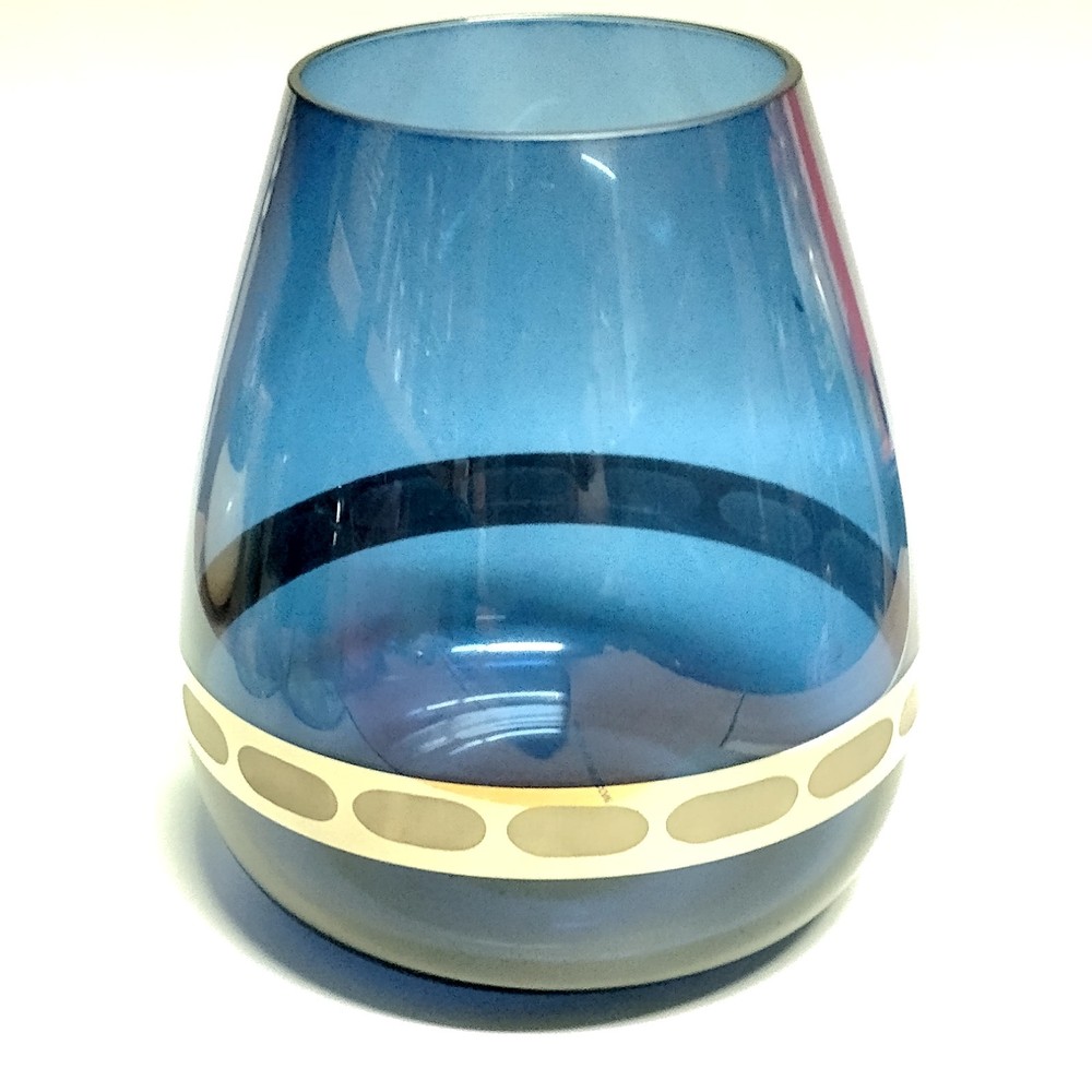 Cobalt Blue Glass Vase Tear Drop Shape Etched Silver Tone Chrome Band 6.5"