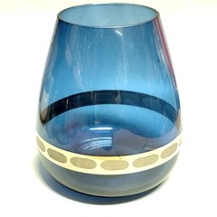 Cobalt Blue Glass Vase Tear Drop Shape Etched Silver Tone Chrome Band 6.5″