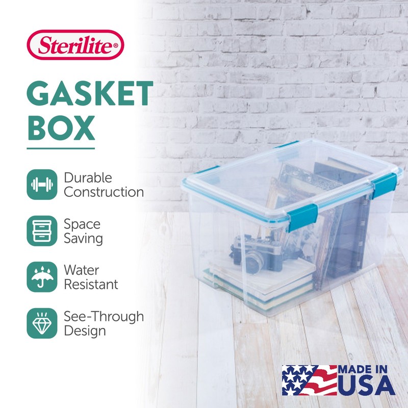 Sterilite 54 Quart Gasket Box, Stackable Storage Bin with Latching Lid, 4 Pack gallery