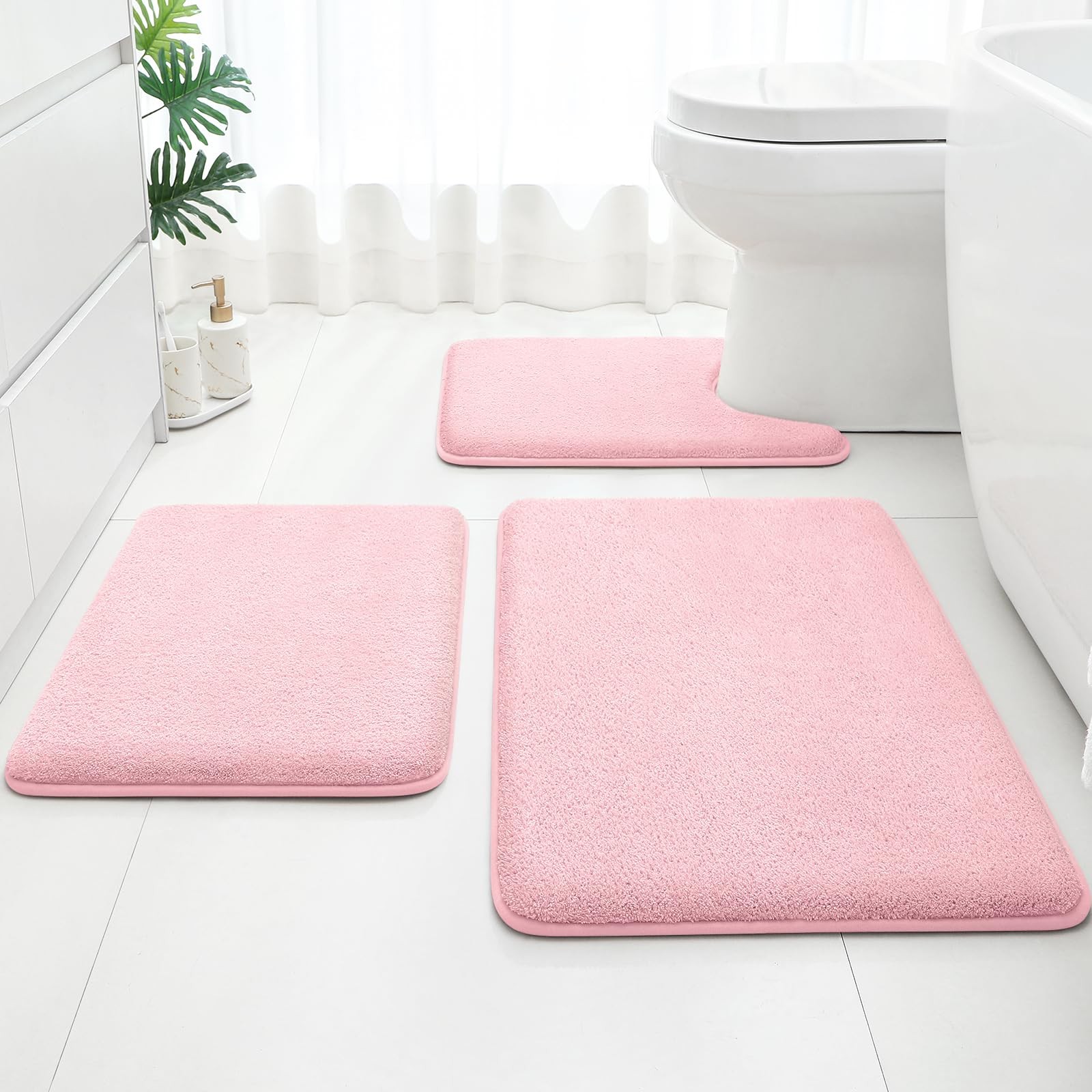 3 PCS Light Pink Bathroom Rugs Set Memory Foam 17x24 20x32 20x24 Inch Mat gallery