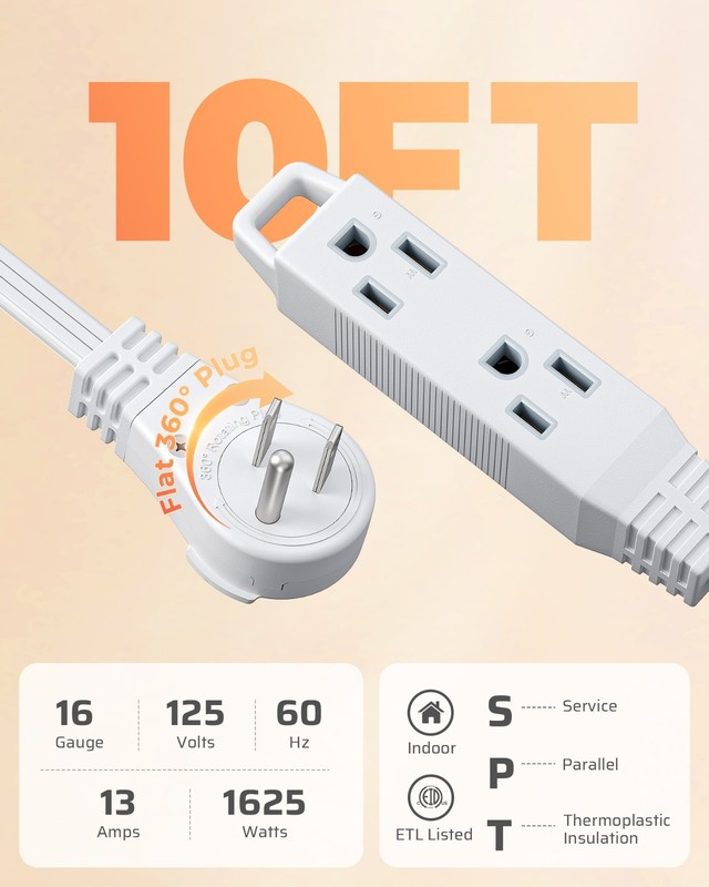10FT Flat Plug Extension Cord, 3 Prong Ultra Thin Power Strip, 13A/125V/1625W gallery