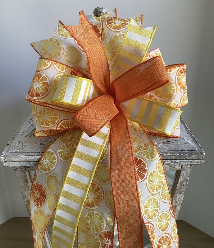 10" Handmade Orange Yellow White Spring Wired Wreath Bow - Orange Slices gallery