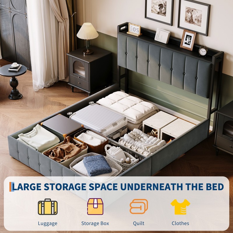 Lift Up Storage Bed Frame, Full Size Platform Bed with LED Light & Power Outlets gallery