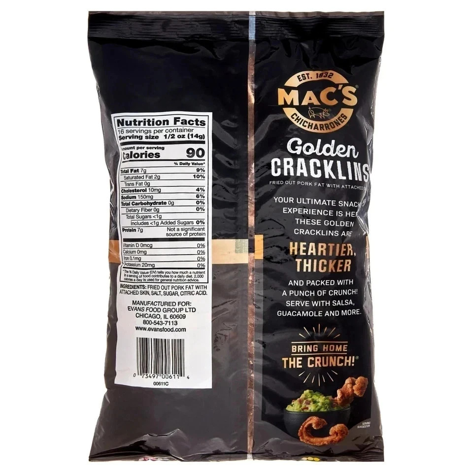 Mac's Chicharrones Golden Pork Cracklins, Fried Pork Fat with Skin, 8 oz Bag,, gallery