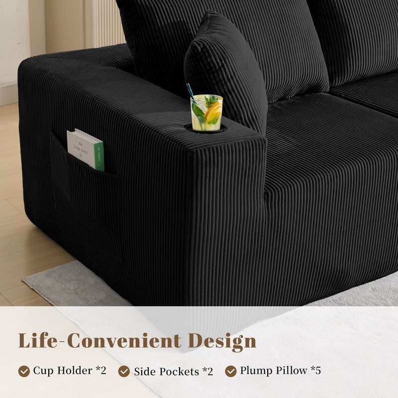 L Shaped Corduroy Sofa Cloud Couch Compression Boneless Sofas w/ 5 Throw Pillows gallery