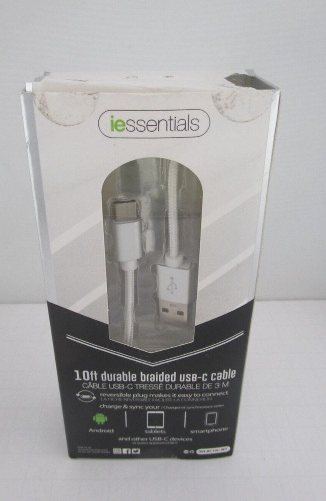 i Essentials WHITE Fast Charging Braided USB Type-C Cable 10 ft. - FREE SHIPPING