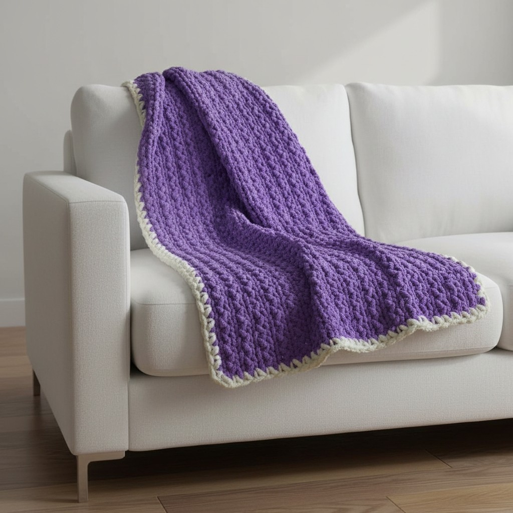 Handmade Chunky Knit Blanket Purple with White Trim Broken Herringbone Stitch gallery