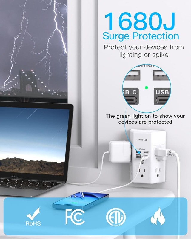 1680J Surge Protector: 5 Outlet Expander & 4 USB Ports for Home & Office gallery