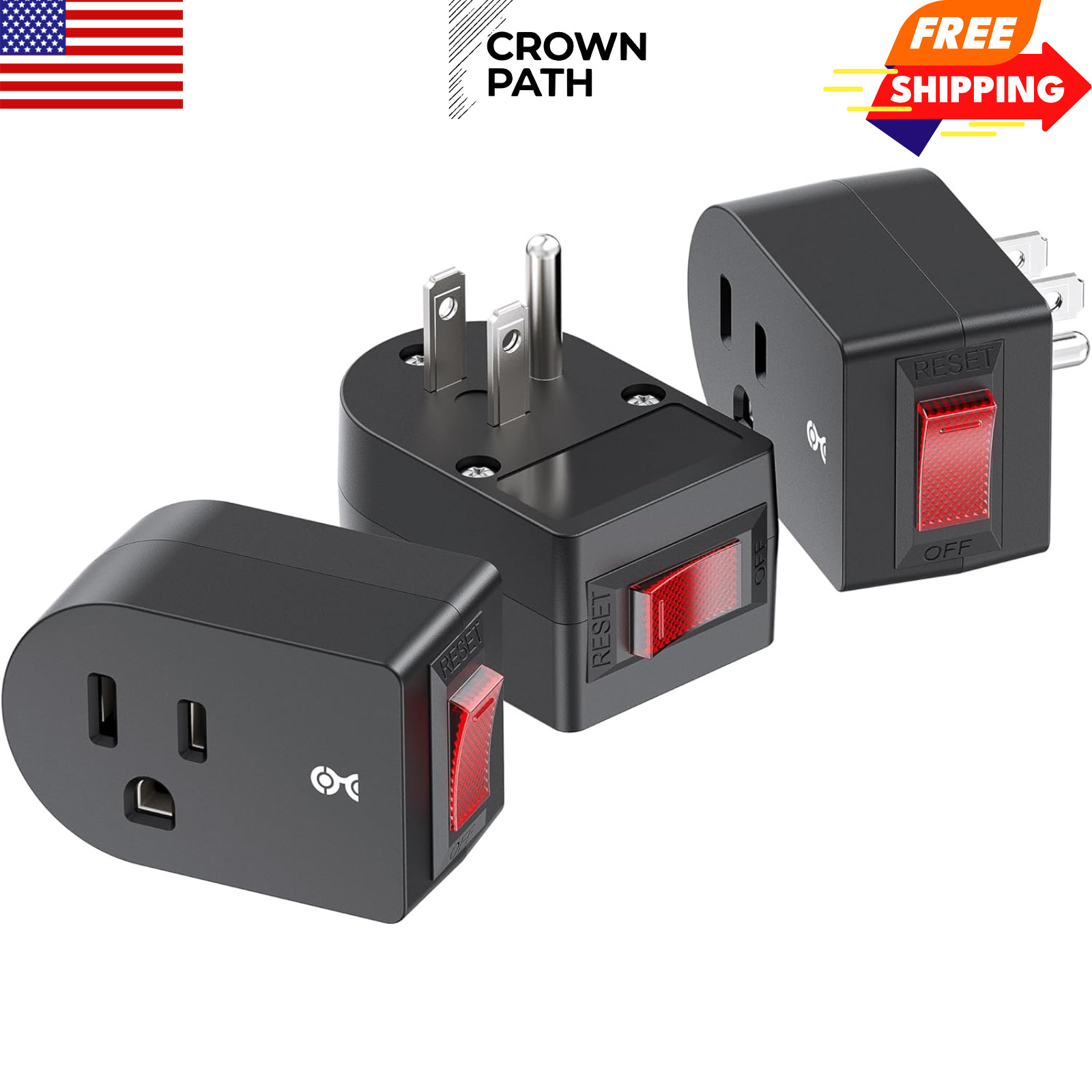 3 Pack Grounded Outlet With ON Off Switch Single Plug In Power Button Black NEW gallery