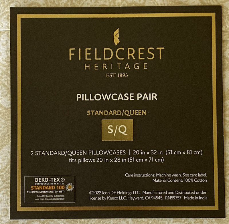 FIELDCREST Pillowcase Pair 100% COTTON Percale 300 TC PAISLEY Beige White New gallery