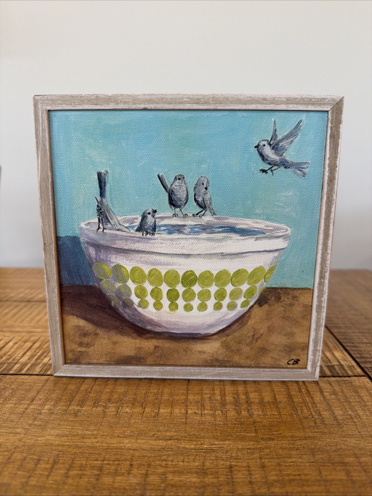 Bushtits Pyrex Birdbath - Handmade Wooden Art Plaque gallery