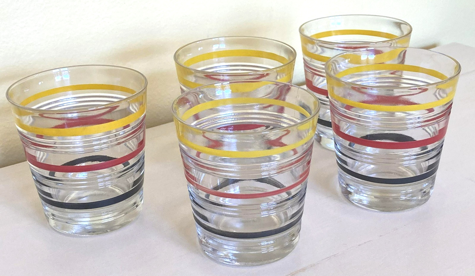 Vintage Anchor Hocking Lowball Rocks Glasses Set 5 MCM Striped Retro Barware 6oz gallery