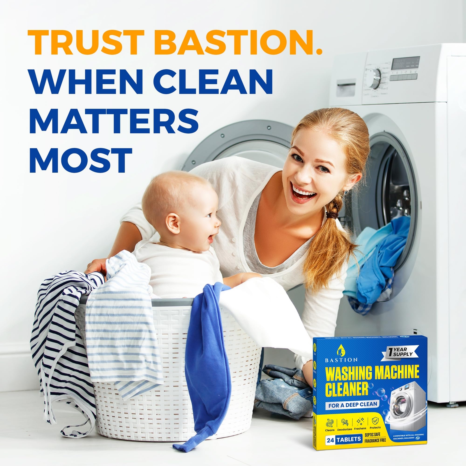 Bastion Washing Machine Cleaner, Deodorizer, & Descaler - 24 pack gallery