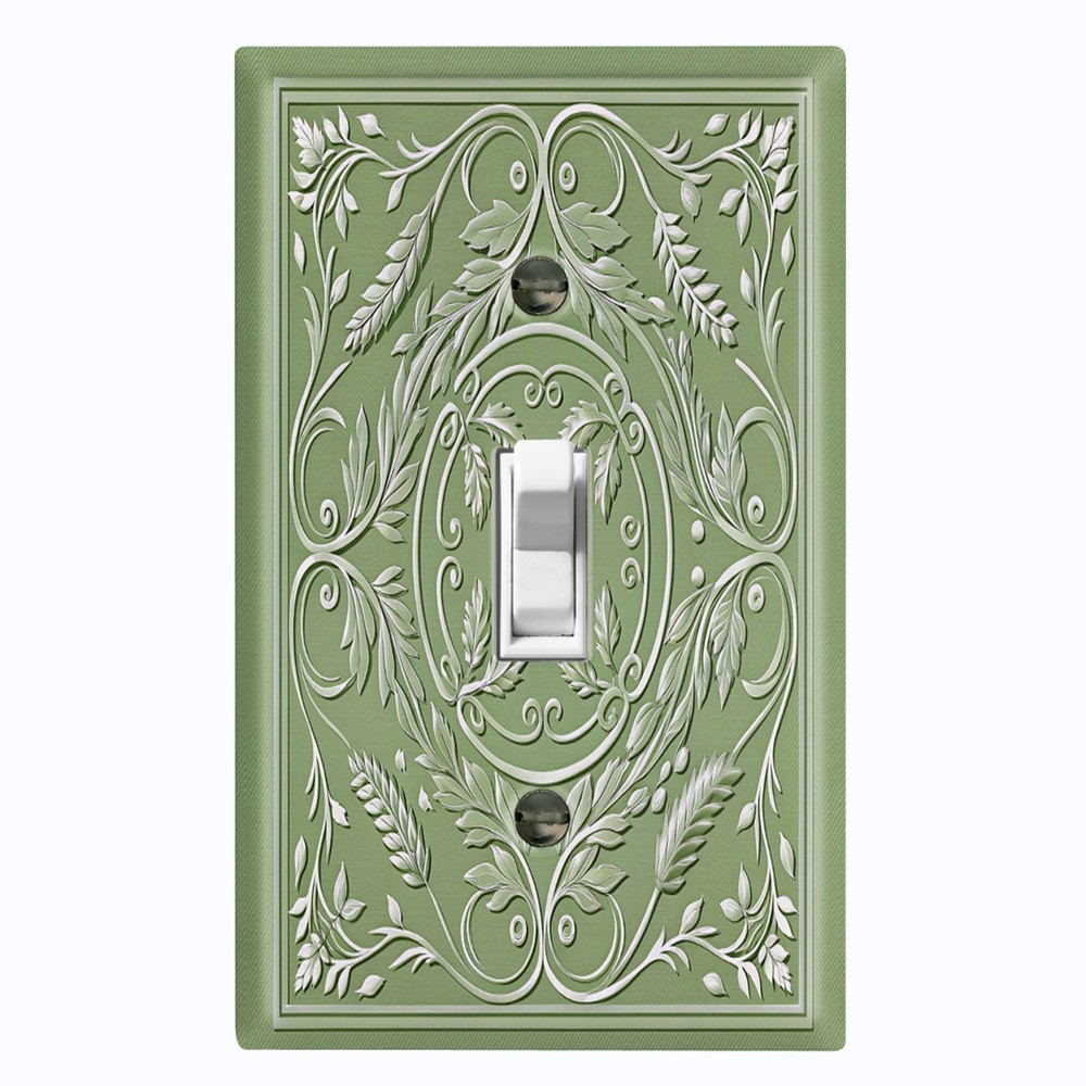 Metal Light Switch Outlet Cover Wall Plate Elegant Green Floral Frame FME145