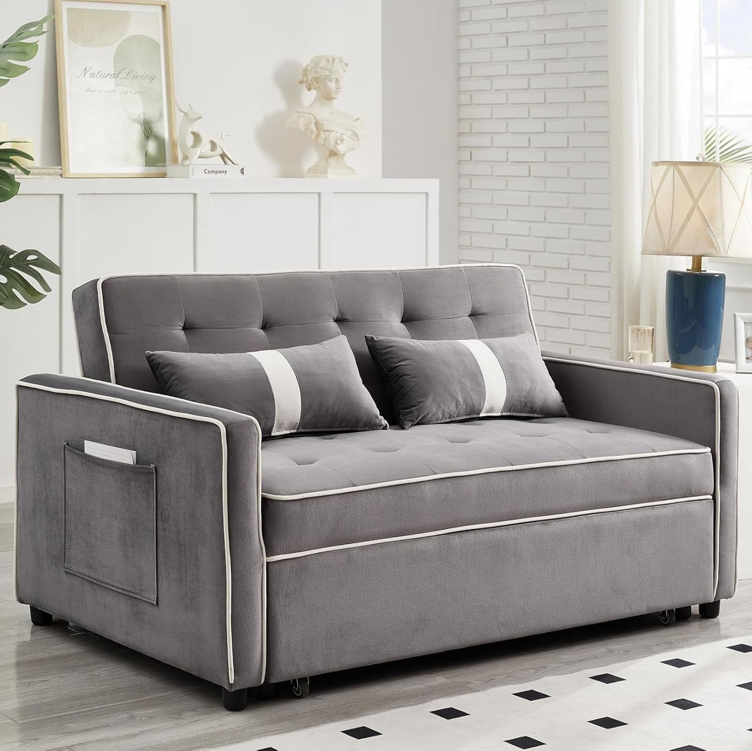 Velvet Sofa Bed with Pull-Out Bed,Side Storage Pockets,Modern Sleeper Sofa.. gallery