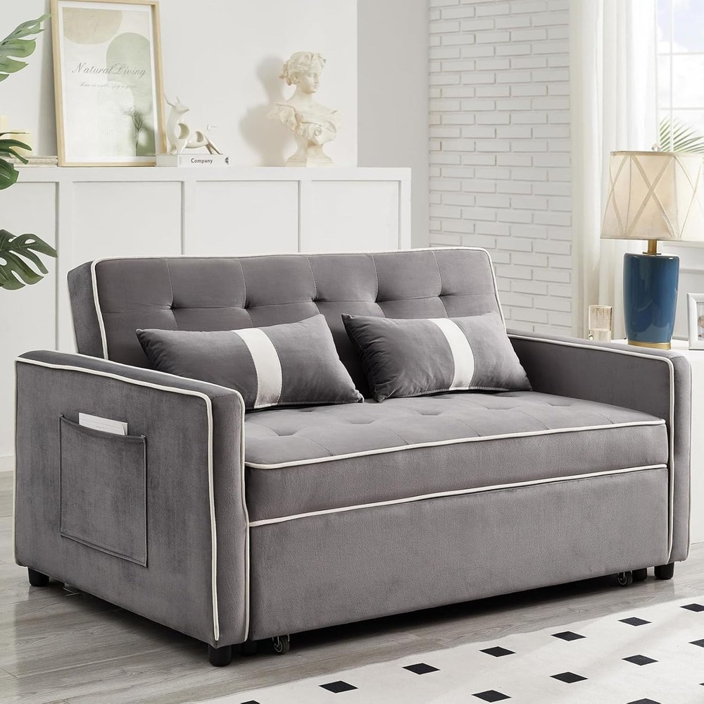 Velvet Sofa Bed with Pull-Out Bed,Side Storage Pockets,Modern Sleeper Sofa..