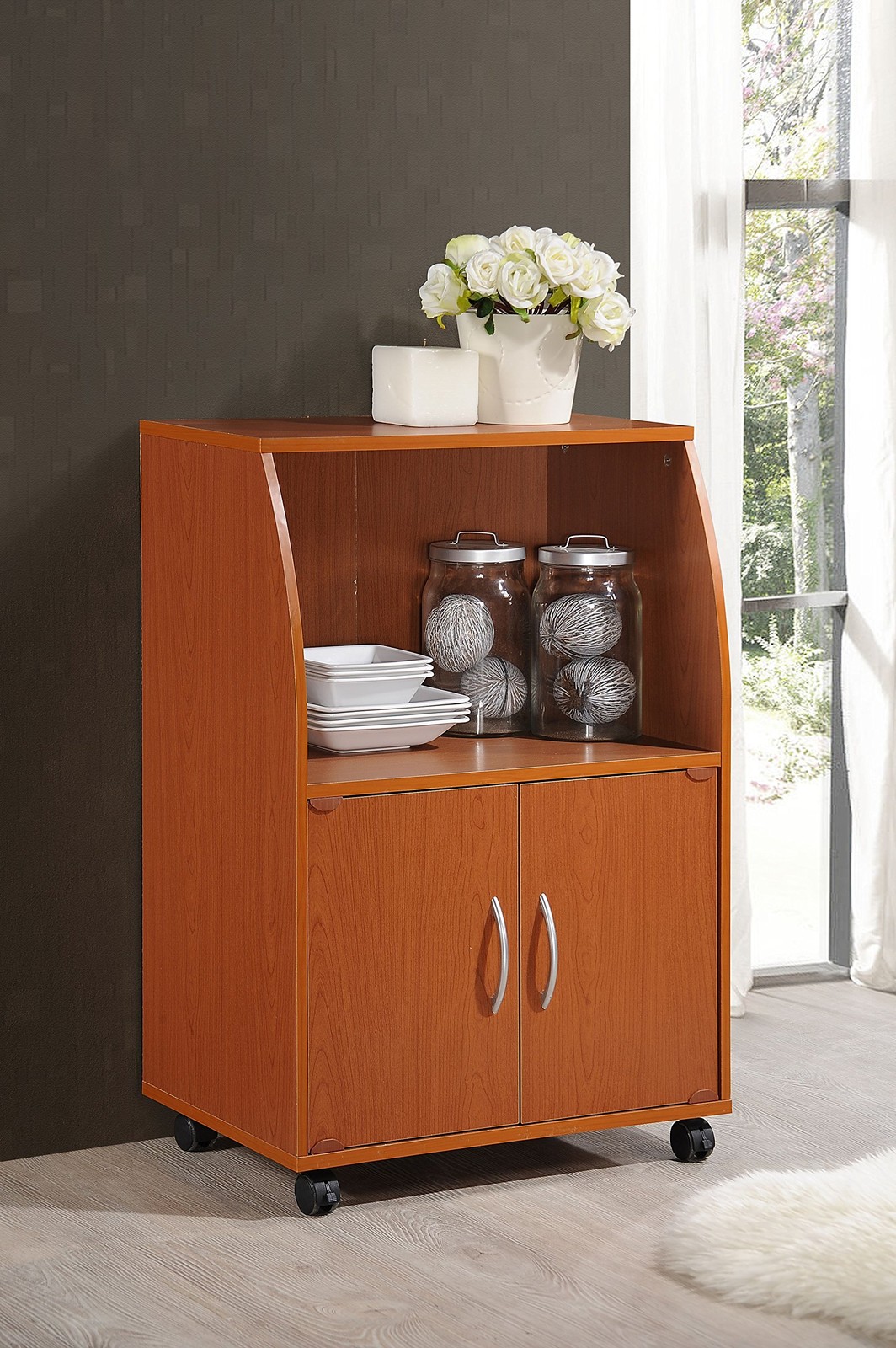 Hodedah Mini Microwave Cart Two Doors And Shelf For Storage Cherry Hik74 Cherry gallery