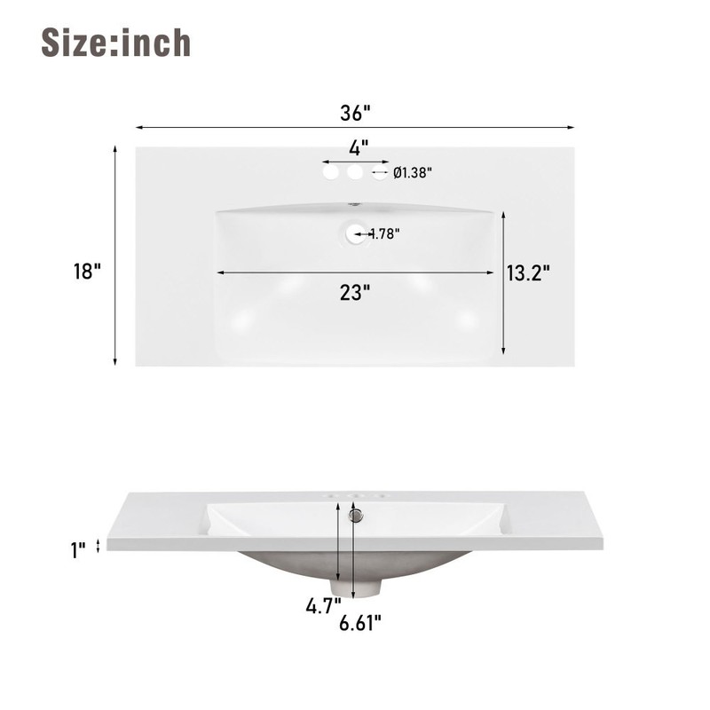 36x18" Rectangular 3 Hole Bathroom Resin Sink, Vanity Top Sink Only gallery